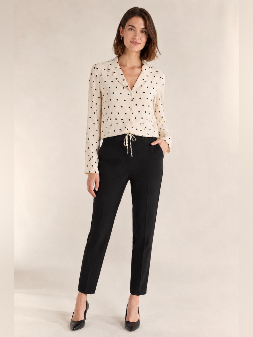 MELLODAY Polka Dot Drawstring Hem Button-Up Blouse- Size Small
